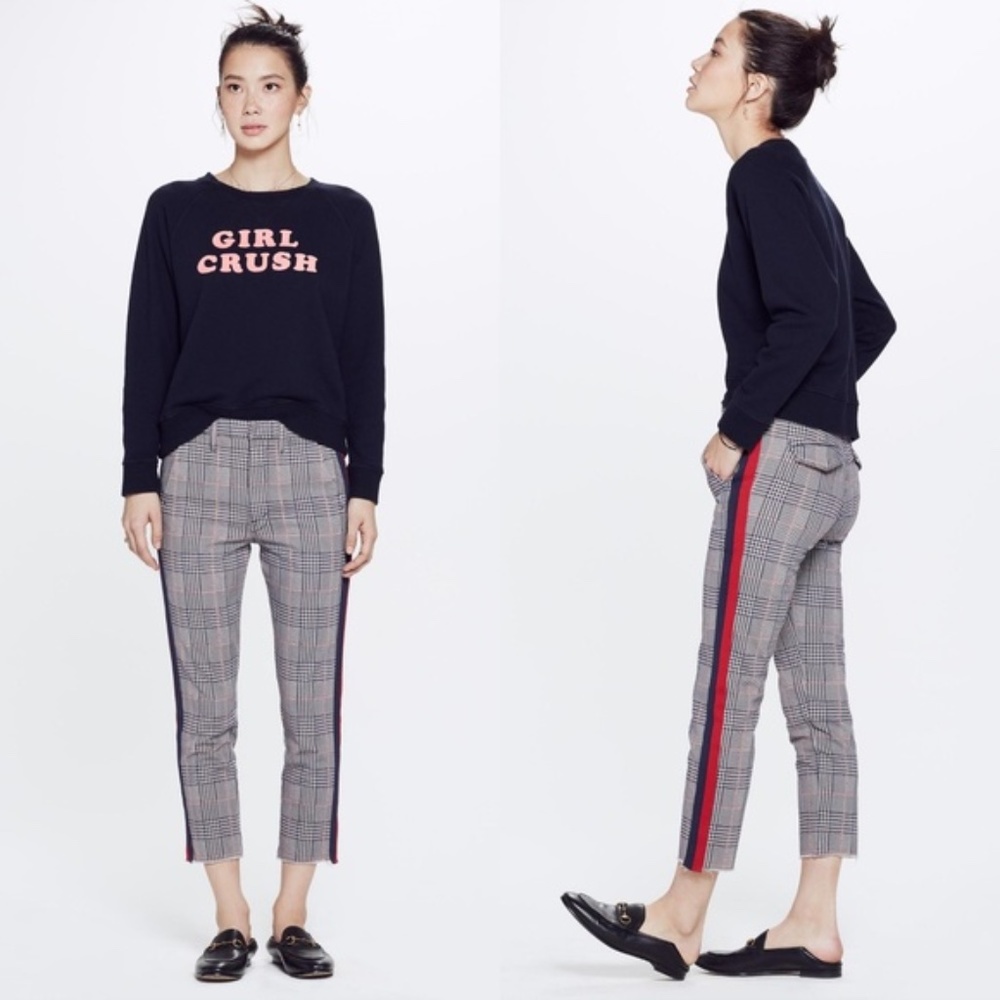 MOTHEr The Shaker Prep Fray plaid ankle pants with side stripes